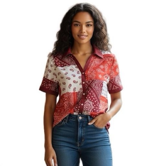 Western Retro Red & White Paisley Patchwork Button-Down Top Size S NWOT - Picture 1 of 16